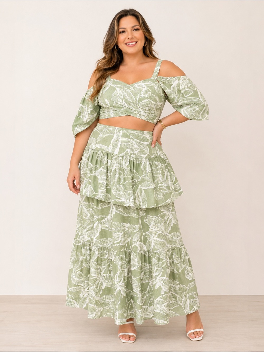 A213 • Tropical Leaf Print Two Piece Set